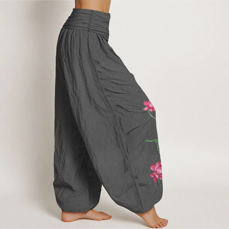 Buddha Stones Pantaloni harem da donna in puro cotone con motivo a fiori e foglie di loto e elastico in vita. - Image 11