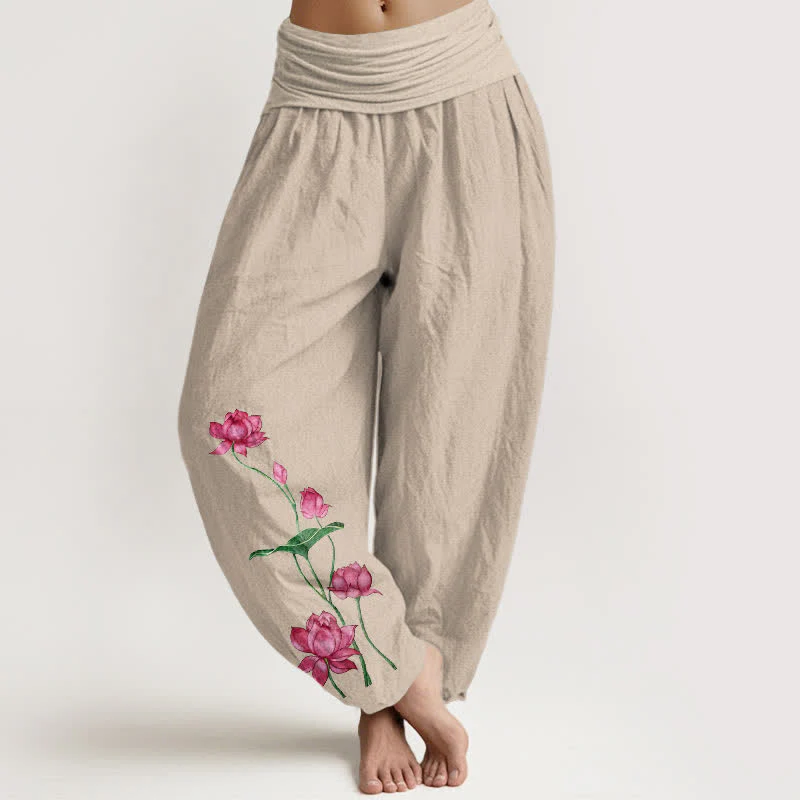 Buddha Stones Pantaloni harem da donna in puro cotone con motivo a fiori e foglie di loto e elastico in vita. - Image 12