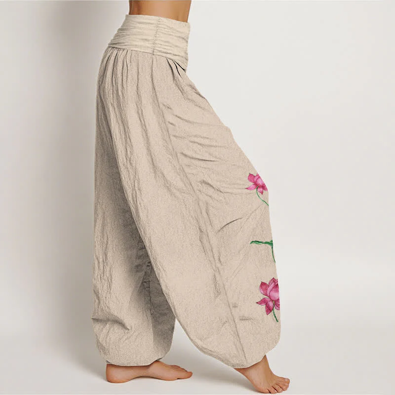 Buddha Stones Pantaloni harem da donna in puro cotone con motivo a fiori e foglie di loto e elastico in vita. - Image 14