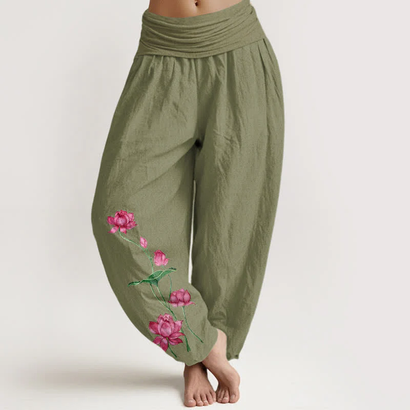 Buddha Stones Pantaloni harem da donna in puro cotone con motivo a fiori e foglie di loto e elastico in vita. - Image 15