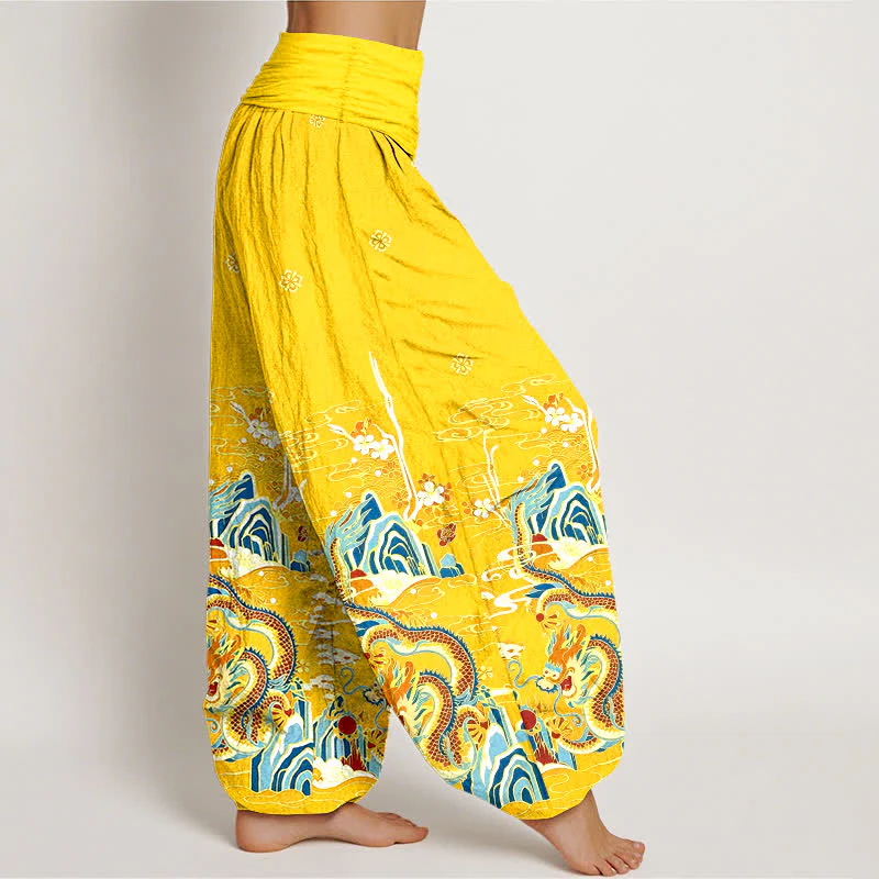 Buddha Stones Pantaloni harem da donna in puro cotone con motivo a onde e nuvole di drago, con elastico in vita. - Image 11