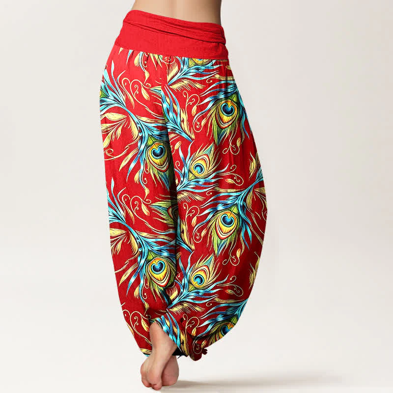 Buddha Stones Pantaloni harem da donna in puro cotone con motivo a piume di pavone e vita elasticizzata. - Image 10