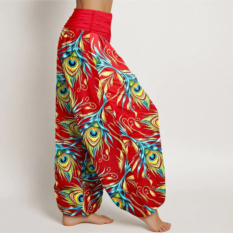 Buddha Stones Pantaloni harem da donna in puro cotone con motivo a piume di pavone e vita elasticizzata. - Image 11