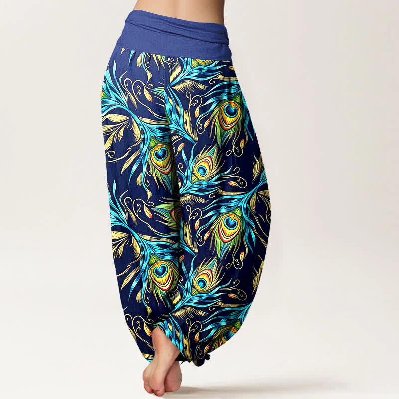 Buddha Stones Pantaloni harem da donna in puro cotone con motivo a piume di pavone e vita elasticizzata. - Image 2