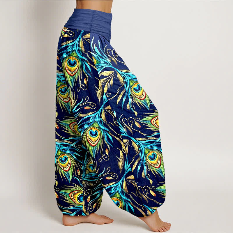Buddha Stones Pantaloni harem da donna in puro cotone con motivo a piume di pavone e vita elasticizzata. - Image 3