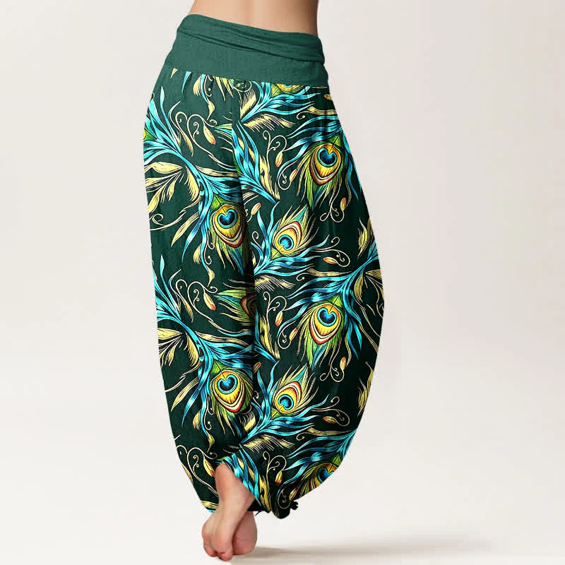 Buddha Stones Pantaloni harem da donna in puro cotone con motivo a piume di pavone e vita elasticizzata. - Image 7