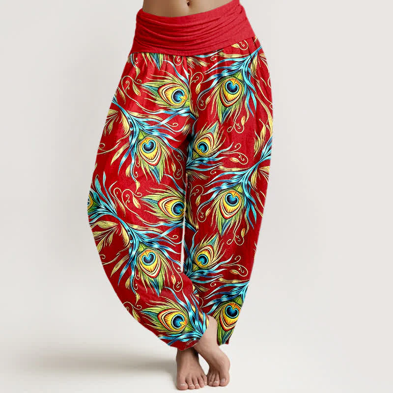 Buddha Stones Pantaloni harem da donna in puro cotone con motivo a piume di pavone e vita elasticizzata. - Image 9