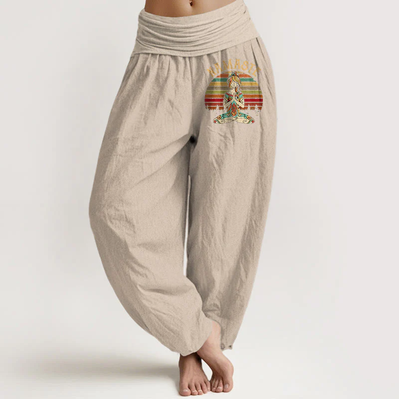 Buddha Stones Pantaloni harem da donna in puro cotone con motivo a strisce colorate e figura di meditazione del loto Namaste - Image 12