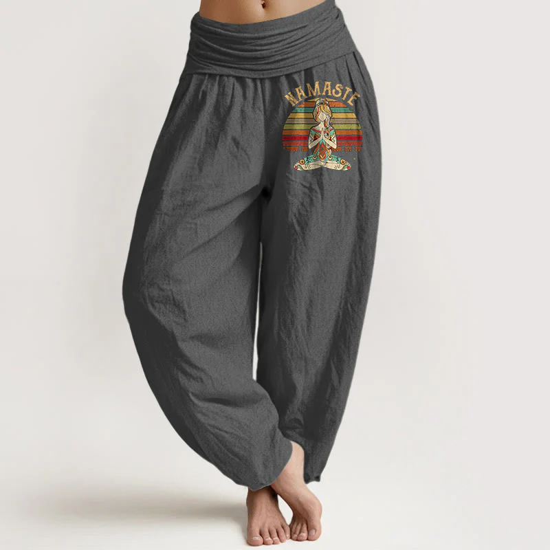 Buddha Stones Pantaloni harem da donna in puro cotone con motivo a strisce colorate e figura di meditazione del loto Namaste - Image 9
