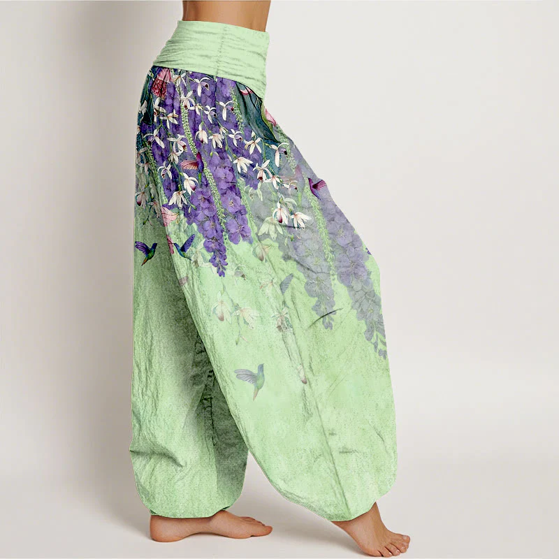 Buddha Stones Pantaloni harem da donna in puro cotone con motivo a uccelli e orchidee, con elastico in vita - Image 11