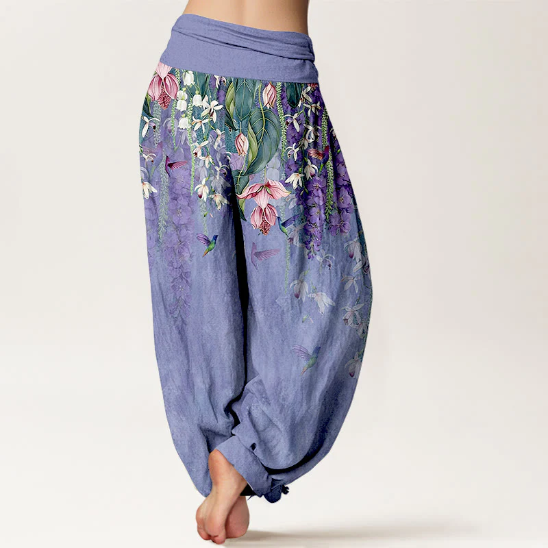 Buddha Stones Pantaloni harem da donna in puro cotone con motivo a uccelli e orchidee, con elastico in vita - Image 7