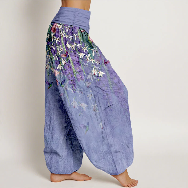 Buddha Stones Pantaloni harem da donna in puro cotone con motivo a uccelli e orchidee, con elastico in vita - Image 8