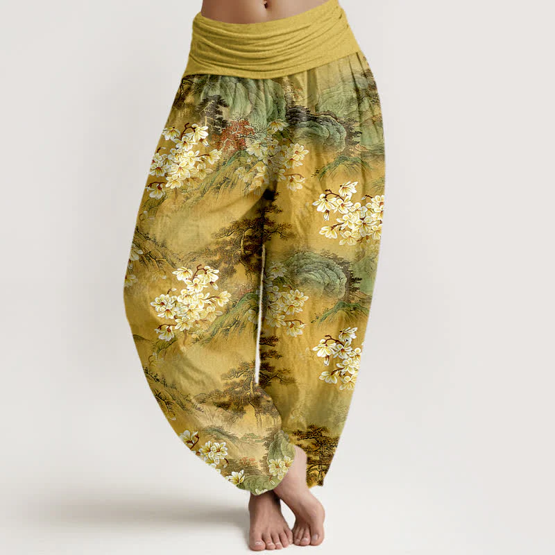 Buddha Stones Pantaloni harem da donna in puro cotone con motivo floreale acquerellato e vita elasticizzata.