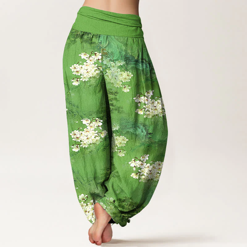 Buddha Stones Pantaloni harem da donna in puro cotone con motivo floreale acquerellato e vita elasticizzata. - Image 10