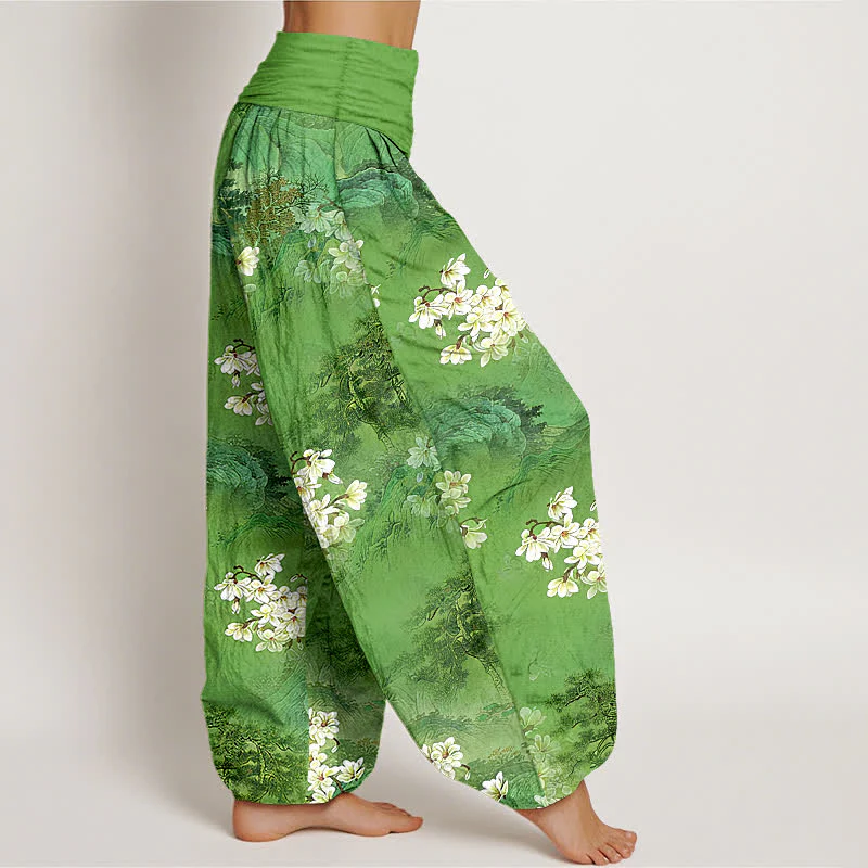 Buddha Stones Pantaloni harem da donna in puro cotone con motivo floreale acquerellato e vita elasticizzata. - Image 11