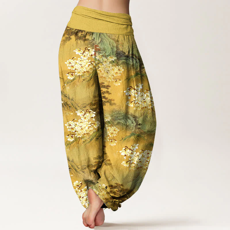 Buddha Stones Pantaloni harem da donna in puro cotone con motivo floreale acquerellato e vita elasticizzata. - Image 2