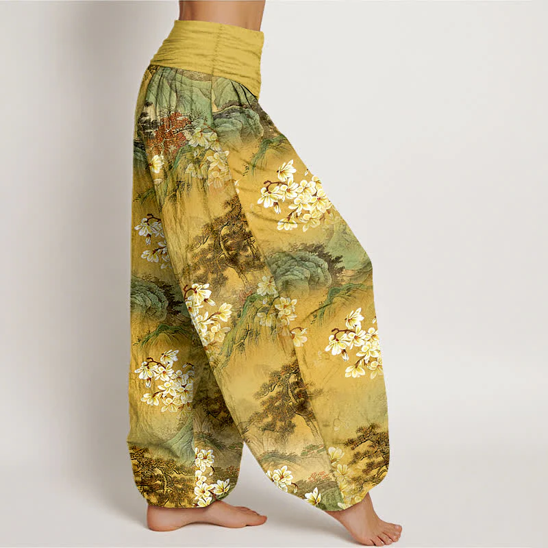 Buddha Stones Pantaloni harem da donna in puro cotone con motivo floreale acquerellato e vita elasticizzata. - Image 3