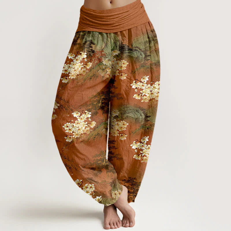 Buddha Stones Pantaloni harem da donna in puro cotone con motivo floreale acquerellato e vita elasticizzata. - Image 6