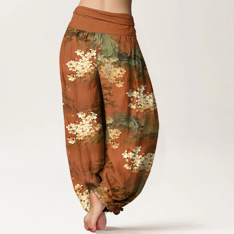 Buddha Stones Pantaloni harem da donna in puro cotone con motivo floreale acquerellato e vita elasticizzata. - Image 7