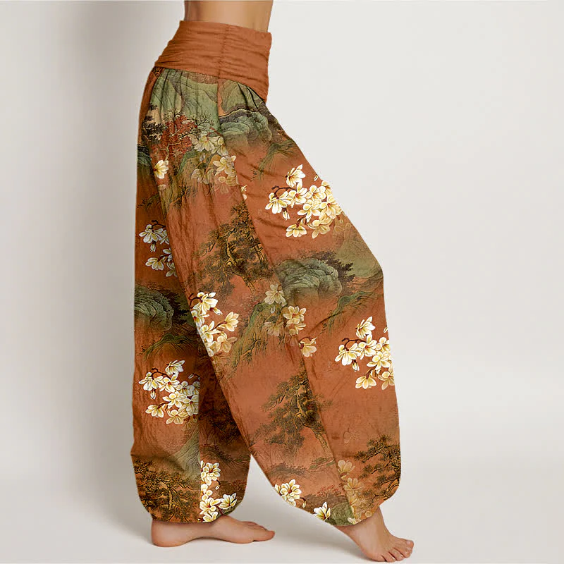 Buddha Stones Pantaloni harem da donna in puro cotone con motivo floreale acquerellato e vita elasticizzata. - Image 8