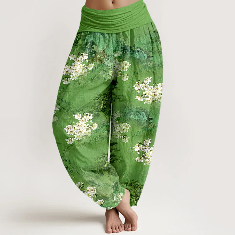 Buddha Stones Pantaloni harem da donna in puro cotone con motivo floreale acquerellato e vita elasticizzata. - Image 9