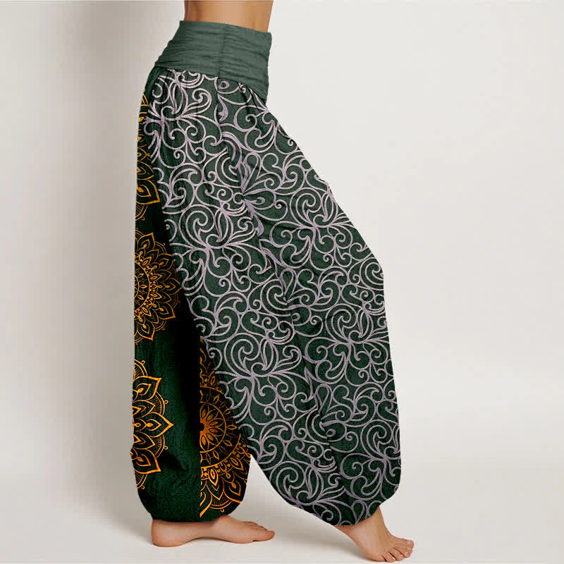 Buddha Stones Pantaloni harem da donna in puro cotone con motivo floreale mandala dorato e vita elasticizzata. - Image 11