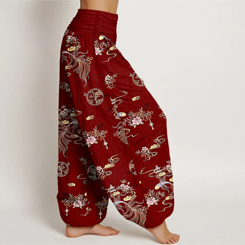 Buddha Stones Pantaloni harem da donna in puro cotone con motivo floreale "Nuvola Orientale" e vita elasticizzata. - Image 11