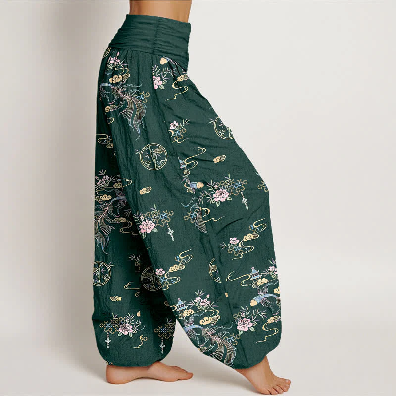 Buddha Stones Pantaloni harem da donna in puro cotone con motivo floreale "Nuvola Orientale" e vita elasticizzata. - Image 8
