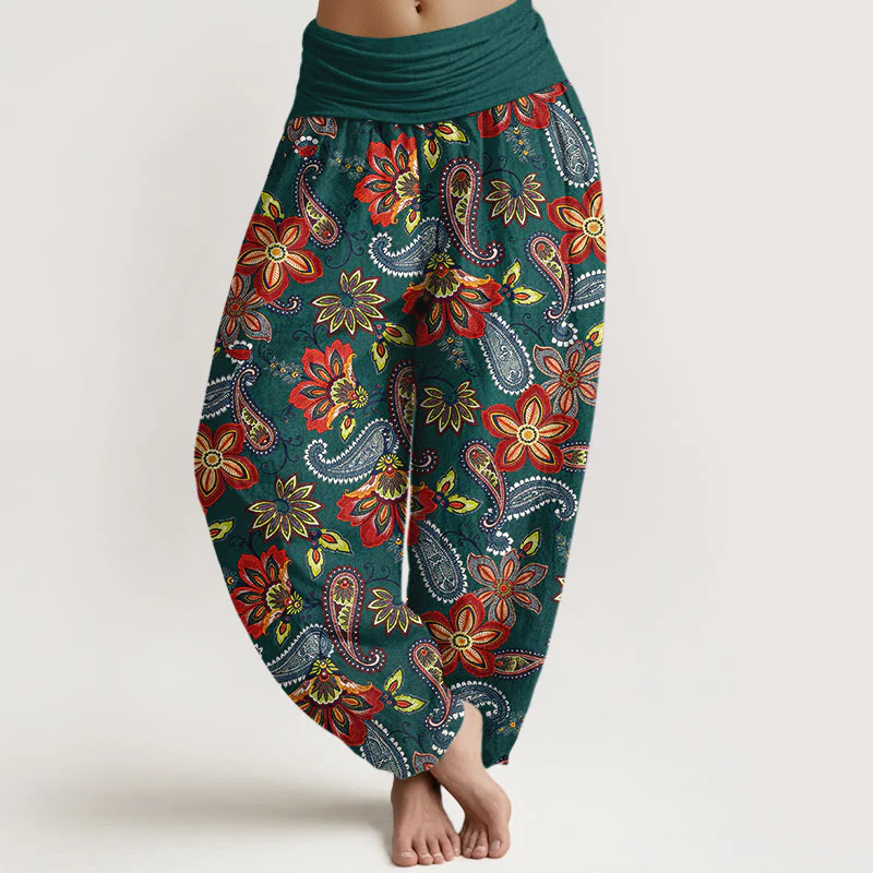 Buddha Stones Pantaloni harem da donna in puro cotone con motivo floreale Paisley e vita elastica