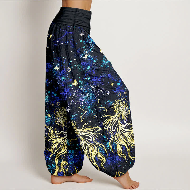 Buddha Stones Pantaloni harem da donna in puro cotone con motivo galattico a farfalle e elastico in vita. - Image 3
