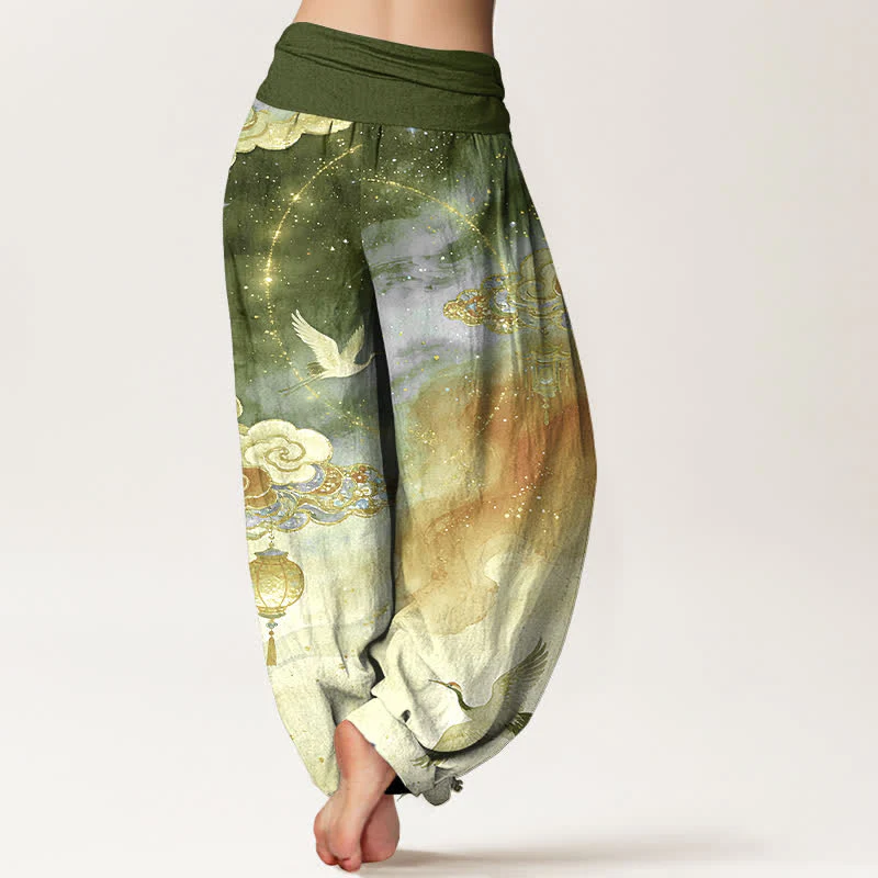 Buddha Stones Pantaloni harem da donna in puro cotone con motivo gru, nuvole, lanterne e cielo notturno, con elastico in vita. - Image 10