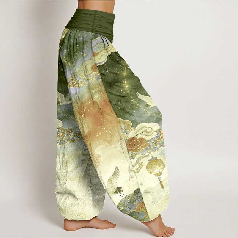 Buddha Stones Pantaloni harem da donna in puro cotone con motivo gru, nuvole, lanterne e cielo notturno, con elastico in vita. - Image 11