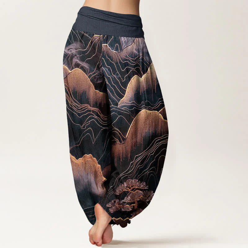 Buddha Stones Pantaloni harem da donna in puro cotone con motivo Midnight Mountain Gold Line e vita elasticizzata. - Image 7