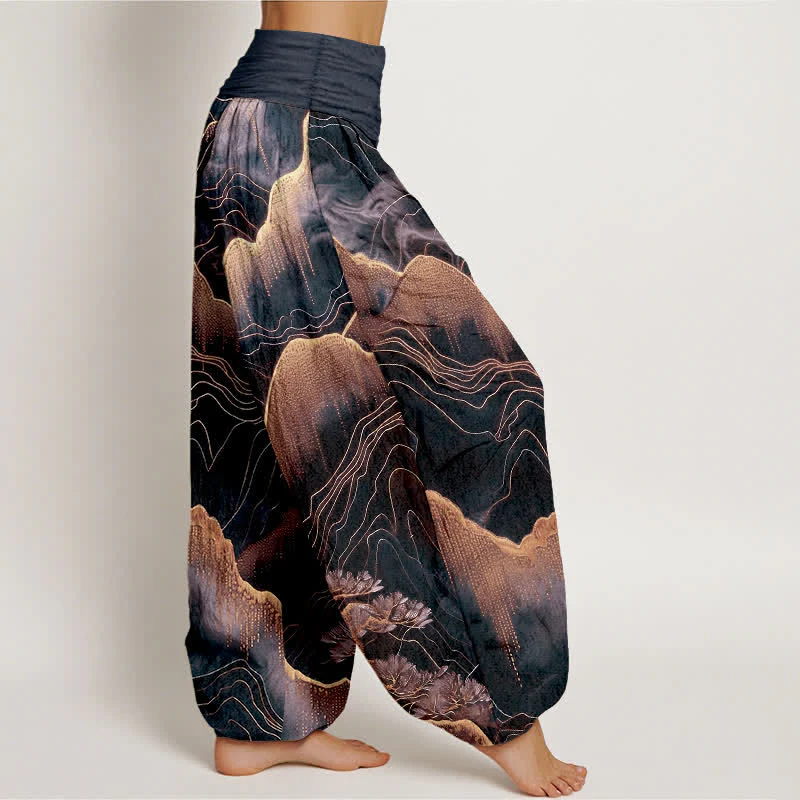 Buddha Stones Pantaloni harem da donna in puro cotone con motivo Midnight Mountain Gold Line e vita elasticizzata. - Image 8