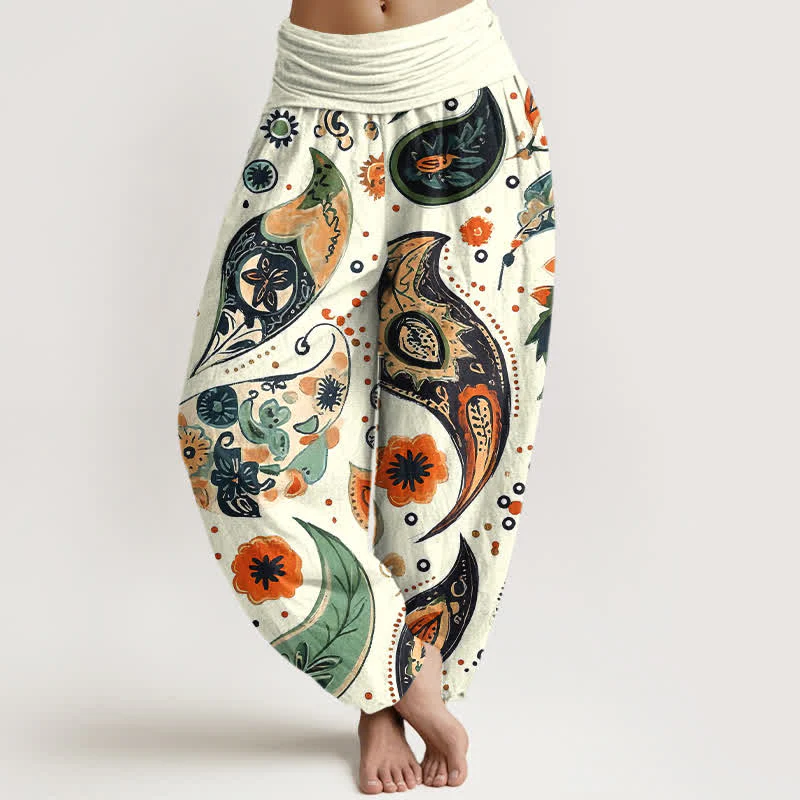 Buddha Stones Pantaloni harem da donna in puro cotone con motivo paisley e girasoli, elastico in vita.