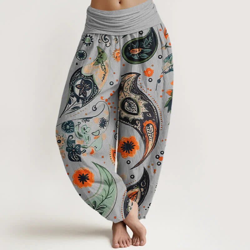 Buddha Stones Pantaloni harem da donna in puro cotone con motivo paisley e girasoli, elastico in vita. - Image 6