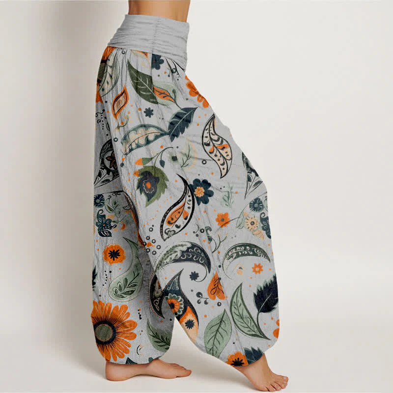 Buddha Stones Pantaloni harem da donna in puro cotone con motivo paisley e girasoli, elastico in vita. - Image 8