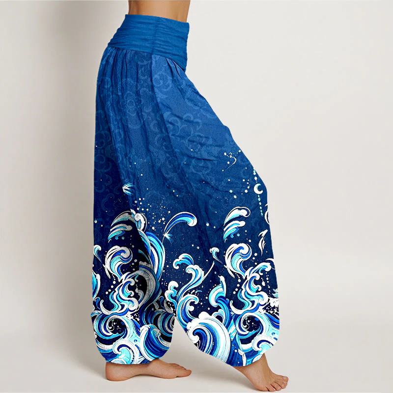 Buddha Stones Pantaloni harem da donna in puro cotone con motivo sfumato a onde oceaniche e vita elasticizzata. - Image 2