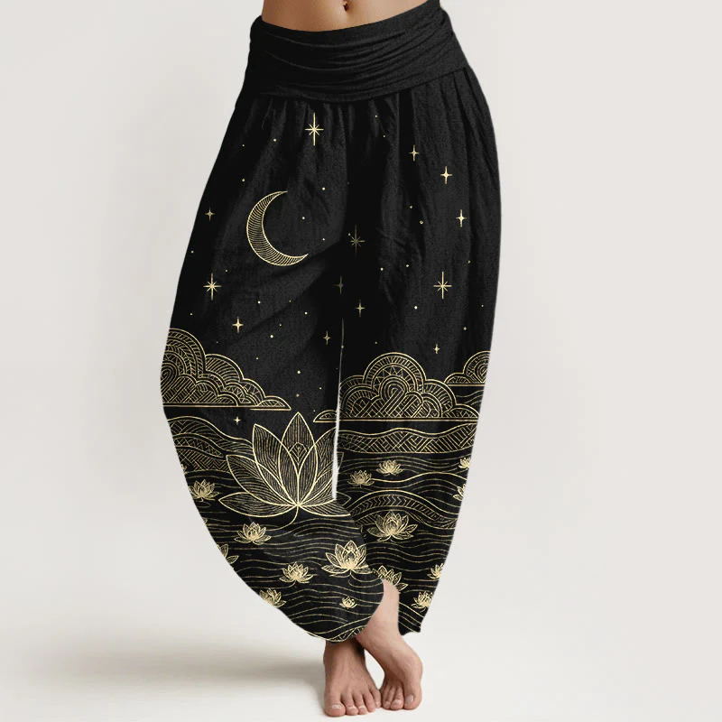 Buddha Stones Pantaloni harem da donna in puro cotone, eleganti, con motivo luna, stelle, nuvole, fiori di loto e onde d'acqua, con elastico in vita.