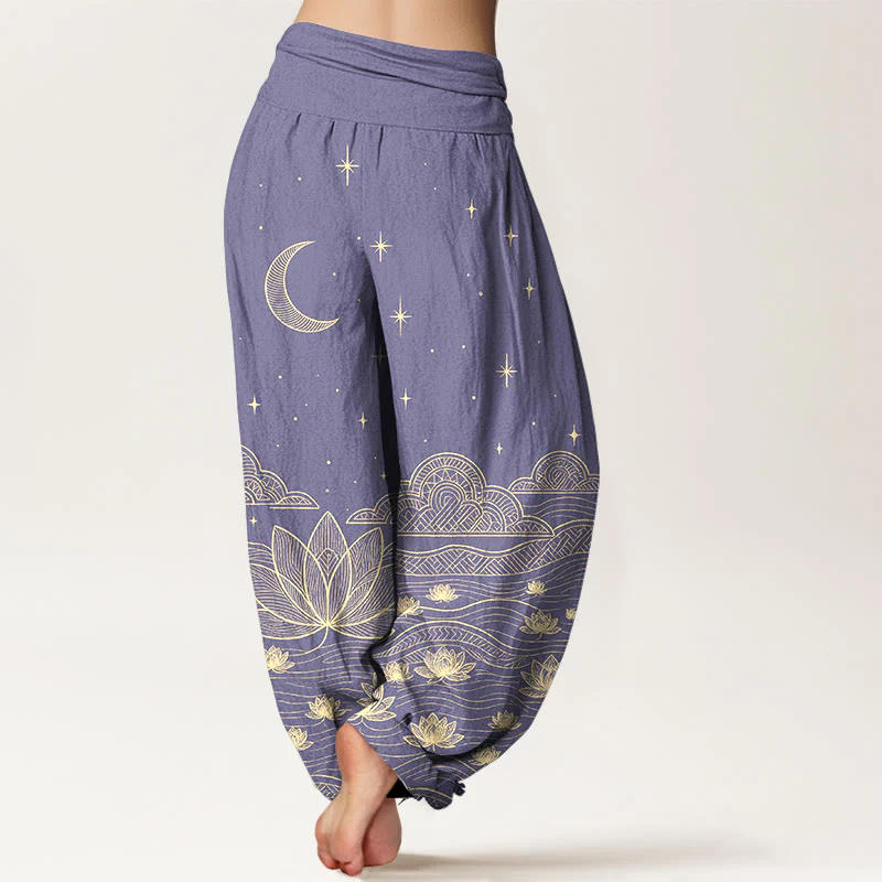 Buddha Stones Pantaloni harem da donna in puro cotone, eleganti, con motivo luna, stelle, nuvole, fiori di loto e onde d'acqua, con elastico in vita. - Image 10