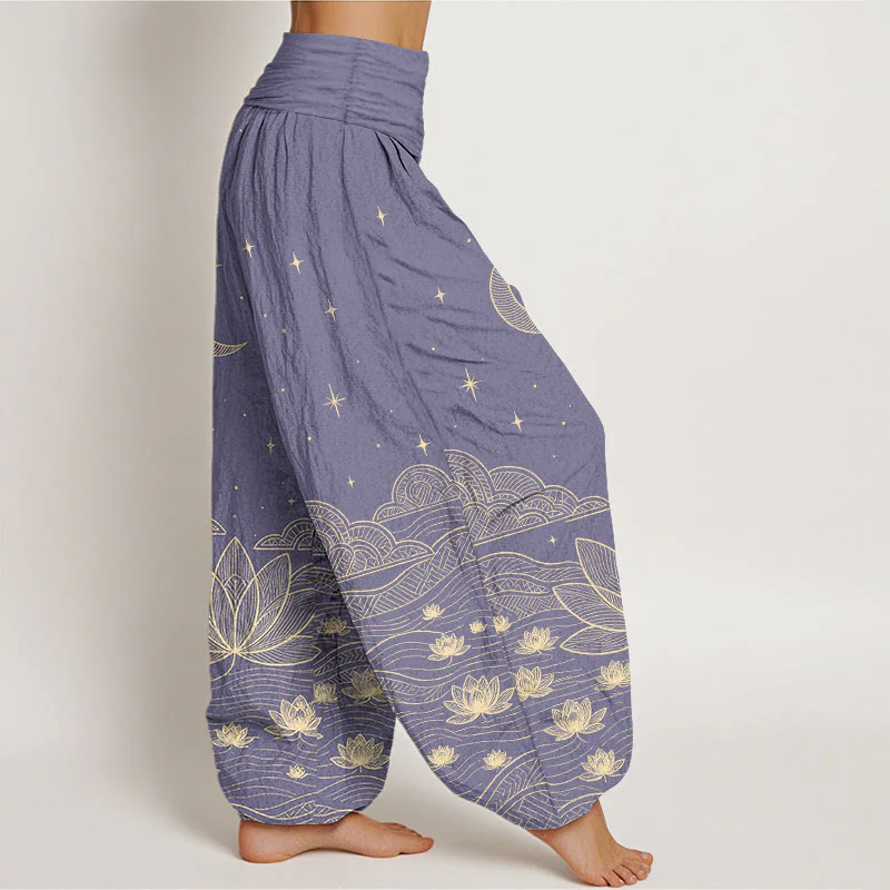 Buddha Stones Pantaloni harem da donna in puro cotone, eleganti, con motivo luna, stelle, nuvole, fiori di loto e onde d'acqua, con elastico in vita. - Image 11