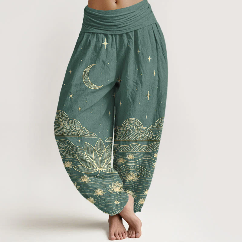 Buddha Stones Pantaloni harem da donna in puro cotone, eleganti, con motivo luna, stelle, nuvole, fiori di loto e onde d'acqua, con elastico in vita. - Image 6