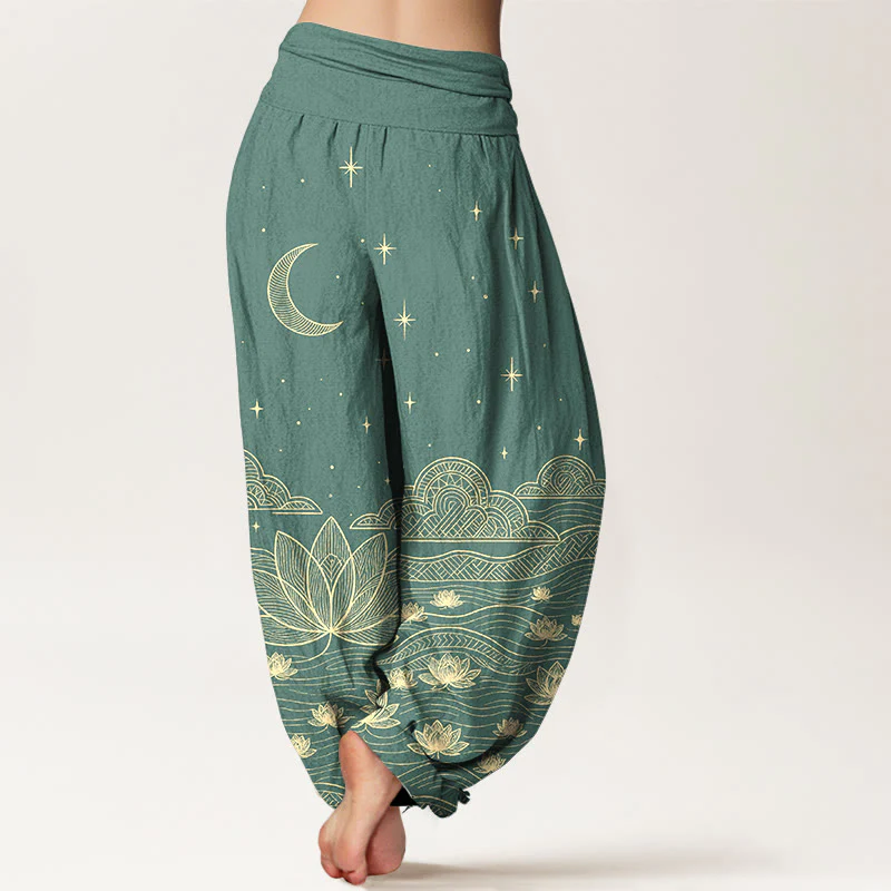 Buddha Stones Pantaloni harem da donna in puro cotone, eleganti, con motivo luna, stelle, nuvole, fiori di loto e onde d'acqua, con elastico in vita. - Image 7