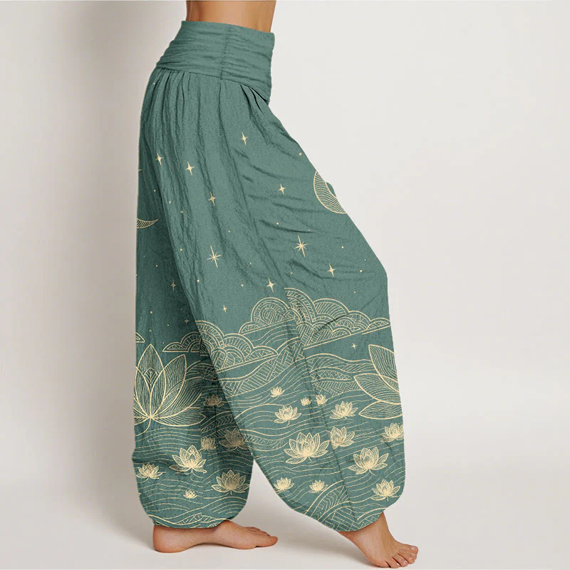 Buddha Stones Pantaloni harem da donna in puro cotone, eleganti, con motivo luna, stelle, nuvole, fiori di loto e onde d'acqua, con elastico in vita. - Image 8