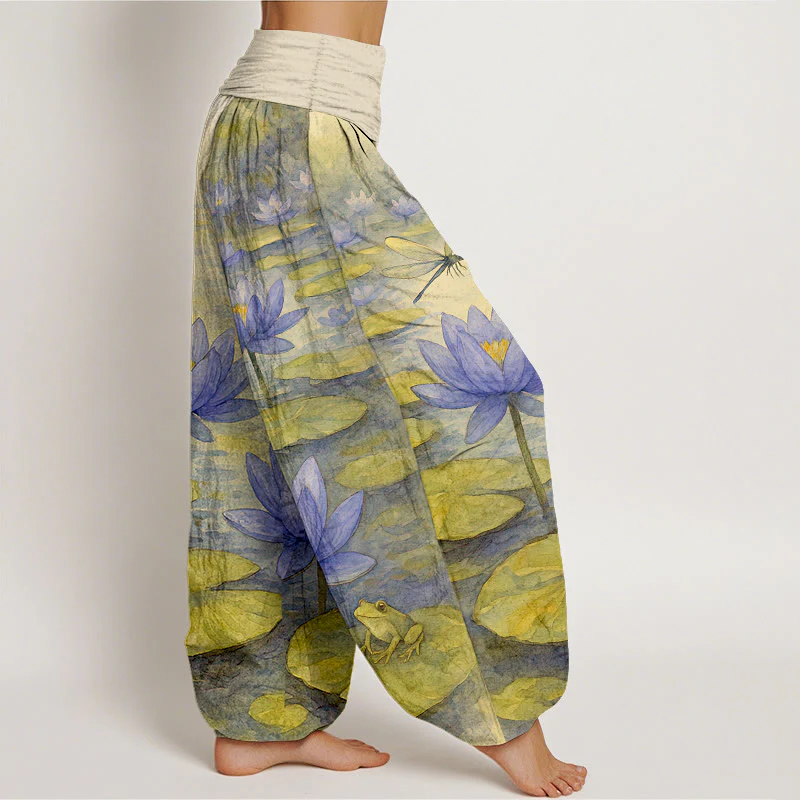 Buddha Stones Pantaloni harem da donna in puro cotone, freschi, eleganti, con motivo a fiori di loto, foglie, libellule e rane, con elastico in vita. - Image 8