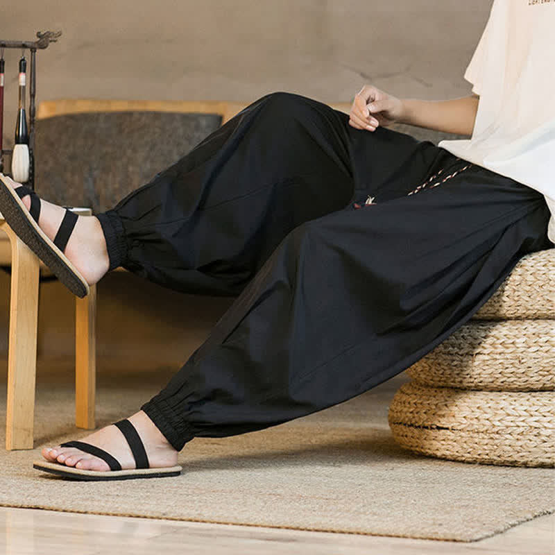 Buddha Stones Pantaloni harem da uomo estivi casual con coulisse e orlo elasticizzato, tinta unita, con tasche. - Image 18