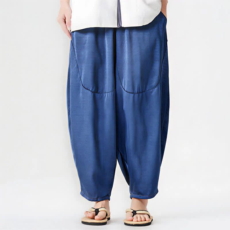 Buddha Stones Pantaloni harem da uomo estivi casual con tasche applicate, tinta unita. - Image 2