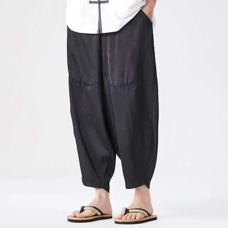 Buddha Stones Pantaloni harem da uomo estivi casual con tasche applicate, tinta unita. - Image 21