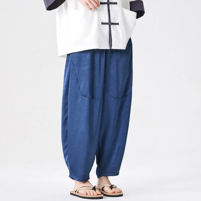 Buddha Stones Pantaloni harem da uomo estivi casual con tasche applicate, tinta unita. - Image 8