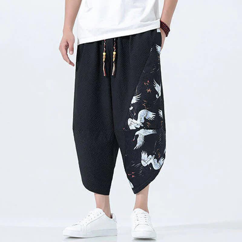 Buddha Stones Pantaloni harem da uomo estivi con coulisse, nappine e stampa gru - Image 15